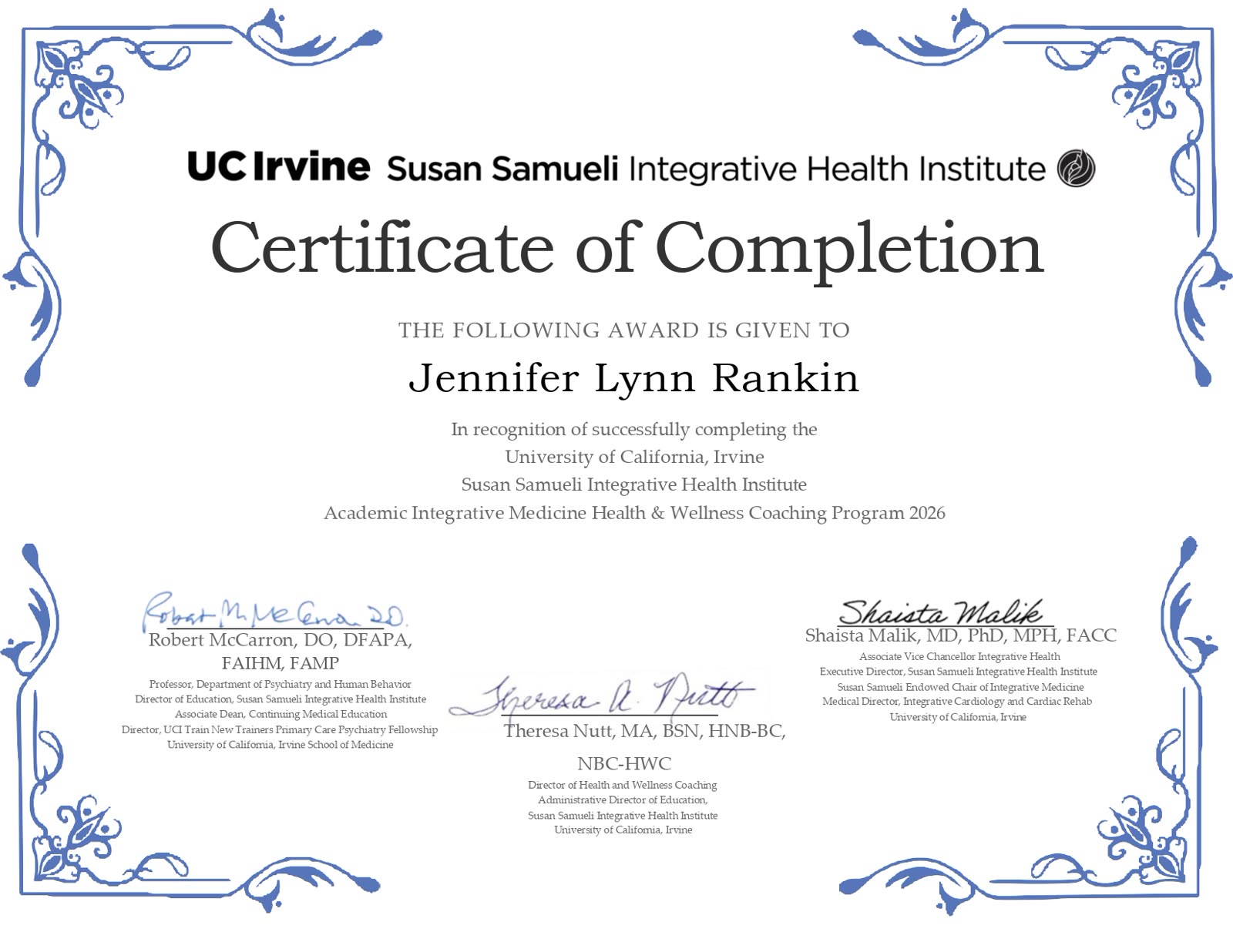 UC Irvine Susan Samueli Integrative Health Institute Certificate of Completion — Jennifer Lynn Rankin, 2026